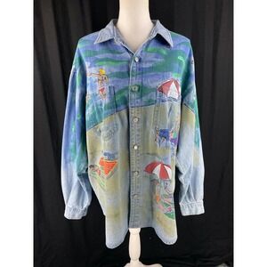 Marguerita Womens‎ XL Denim Metal Button AOP Art to Wear Beach Paint Boho Artsy